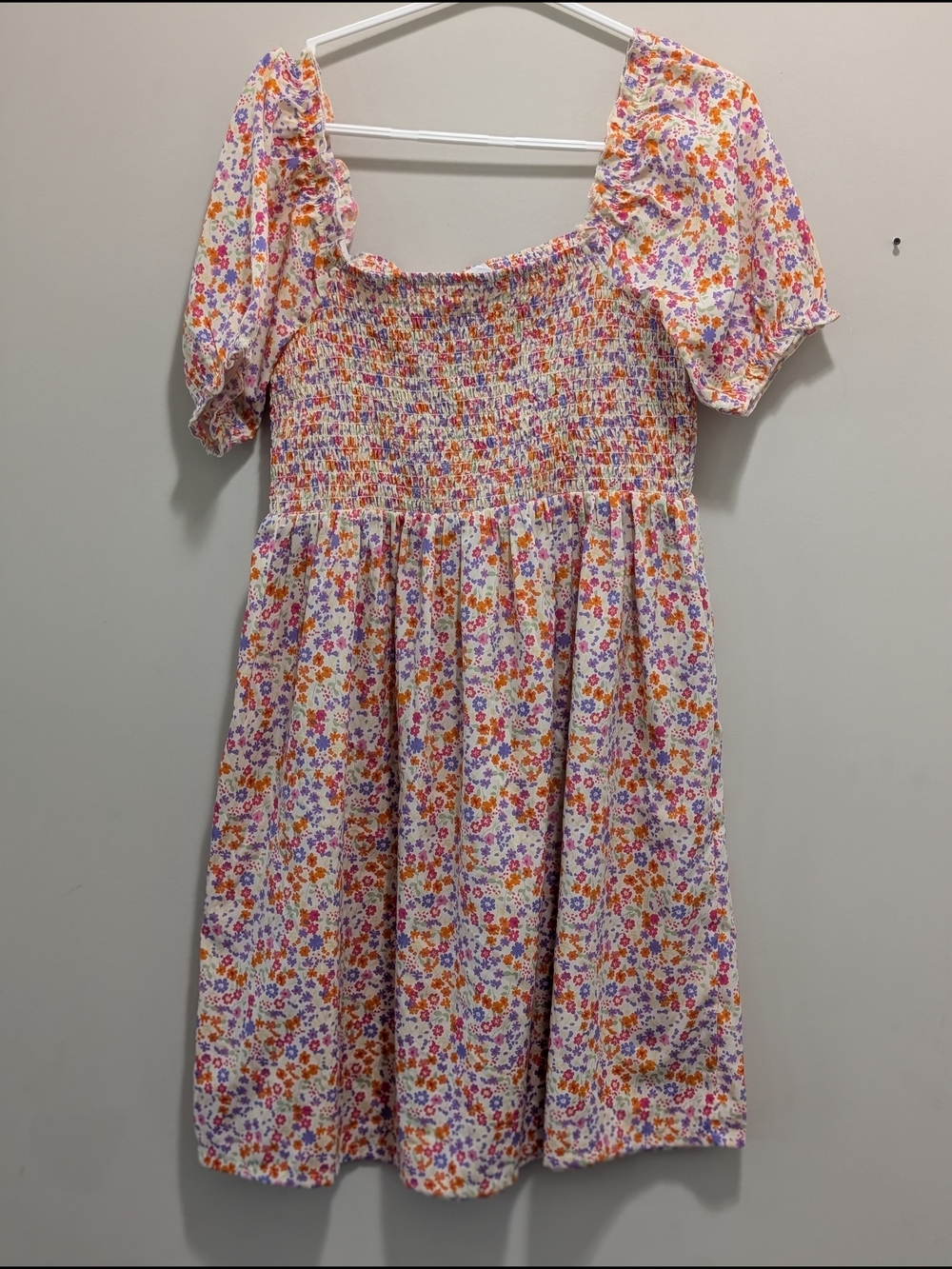 Floral Smocked Puff Sleeve Dress - White/Pink/Orange